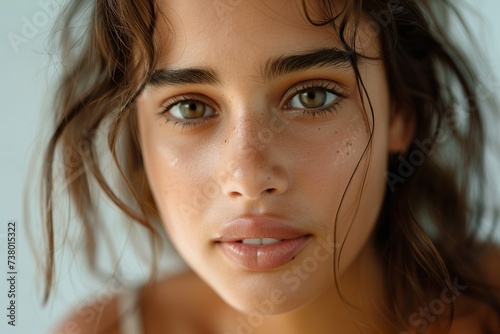 Calm relaxed young South American woman with soft clean perfect skin looking at camera, posing for cropped portrait
