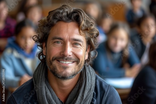 Portrait of a smiling male teacher in an elementary school classroom