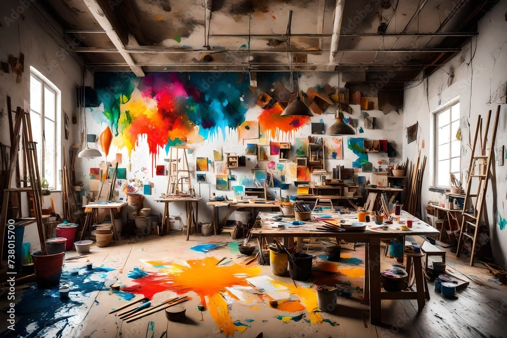 an artistic studio with colorful paints, artistic chaos, and an atmosphere of creativity. - obrazy, fototapety, plakaty 