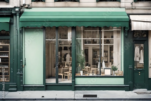 european green vintage boutique with awning   storefront template