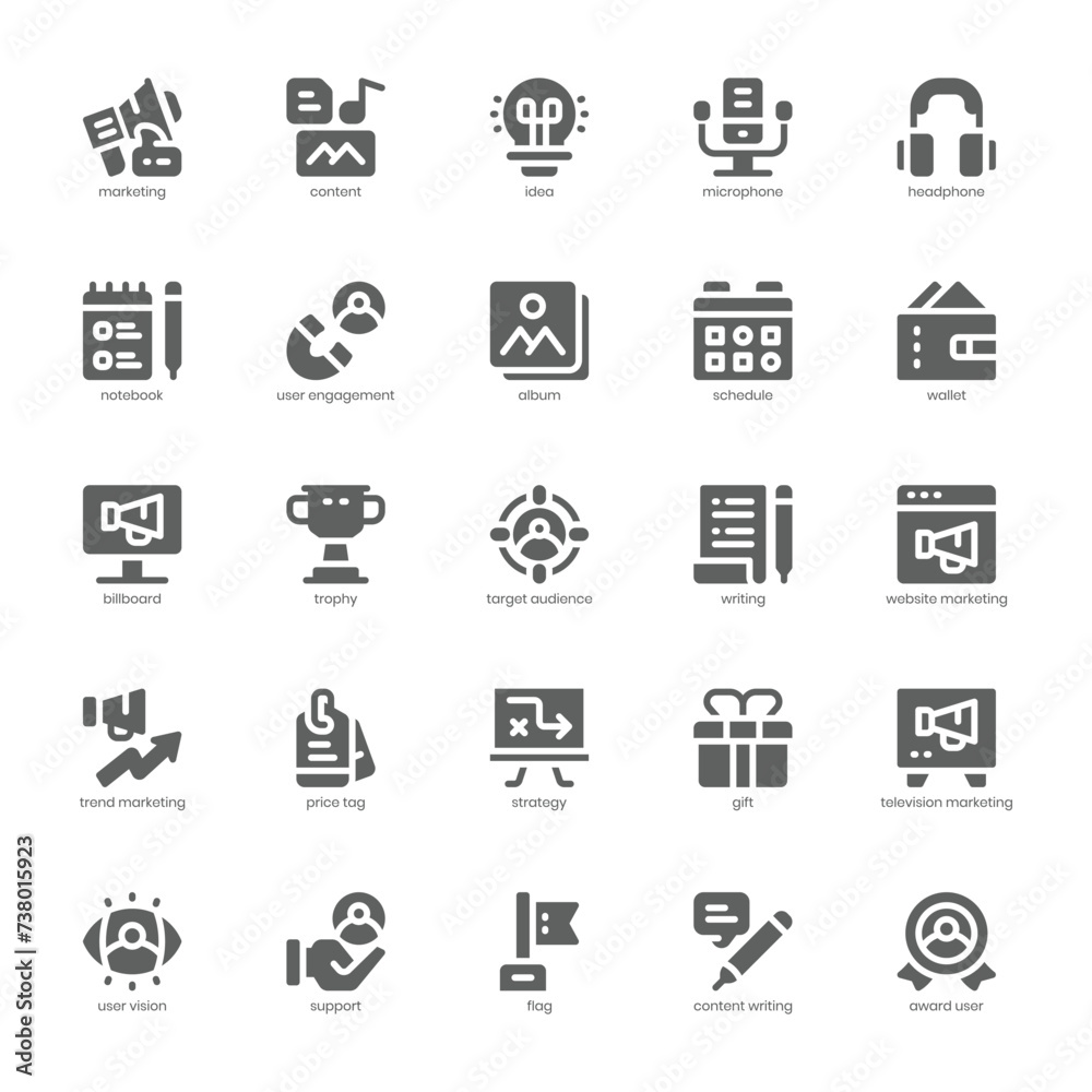 Content Marketing icon pack for your website, mobile, presentation, and logo design. Content Marketing icon glyph design. Vector graphics illustration and editable stroke.