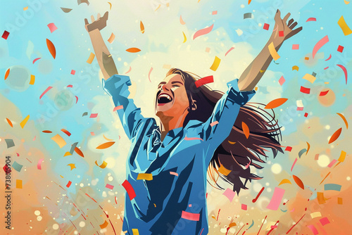 illustration of woman celebrating success in her life while being covered in confetti. generative ai.