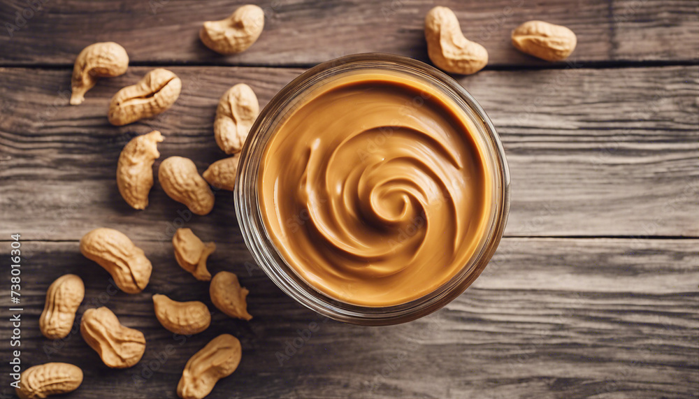 Make peanut butter with paste in glass bowl on wooden background top view copy space
Make peanut butter with paste in glass bowl on wooden background top view copy space