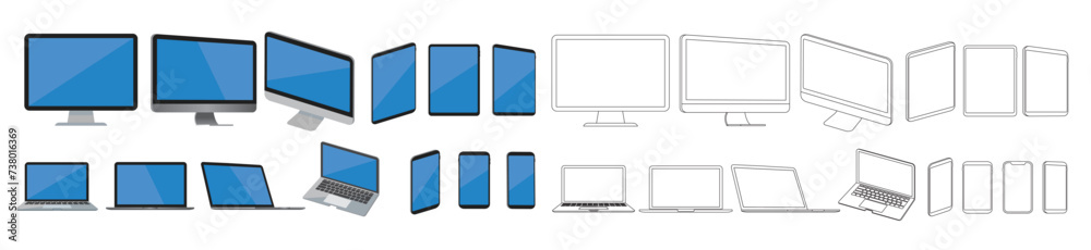Big realistic set computer, mockup, laptop, smartphone, devices, screen, tablet, monitor, technology devices, empty display collection vector Big realistic set computer, mockup, laptop, smartphone, devices, screen, tablet, monitor, technology devices, empty display collection vector