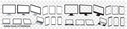 Big realistic set computer, mockup, laptop, smartphone, devices, screen, tablet, monitor, technology devices, empty display collection vector