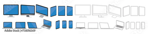 Big realistic set computer, mockup, laptop, smartphone, devices, screen, tablet, monitor, technology devices, empty display collection vector