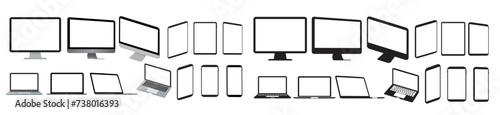 Big realistic set computer, mockup, laptop, smartphone, devices, screen, tablet, monitor, technology devices, empty display collection vector