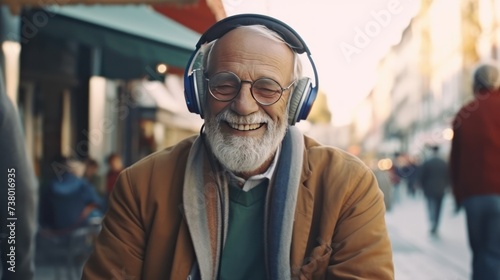 Senior man on the street. Elderly cool man listening to music outdoors, having fun. Concept of old man young at heart. photo