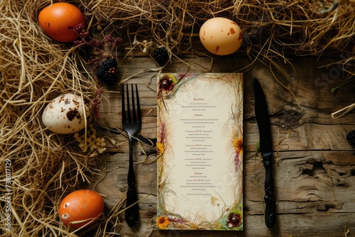 Easter dinner menu. easter eggs and menu board with fork and knife lying on wooden rustic table