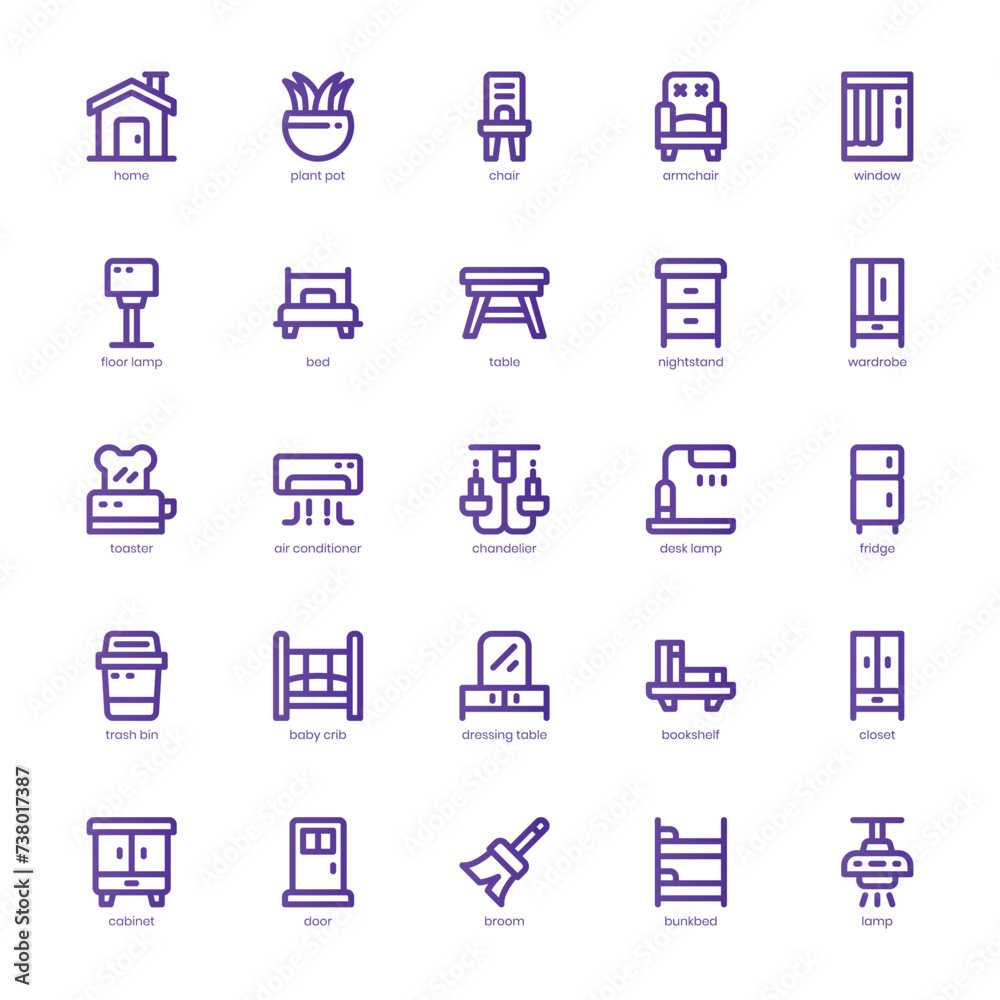 Furniture and Decoration icon pack for your website, mobile, presentation, and logo design. Furniture and Decoration icon basic line gradient design. Vector graphics illustration and editable stroke.