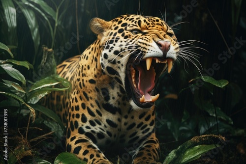 Roaring jaguar in the rainforest