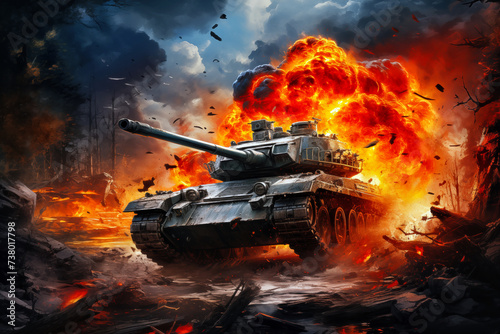 War Concept. Military tank on fire background. © ako-photography