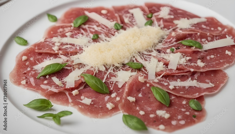 Veal carpaccio with parmesan cheese on white plate