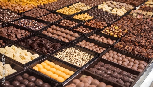 variety chocolate sweets on the Boqueria market in Spain