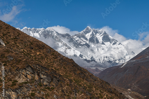 View of Nuptse, Mount Everest, Lhotse on the way from Pangboche to Dingboche during EBC Everest Base Camp or Three passes trekking in Nepal. Highest mountain in the world.