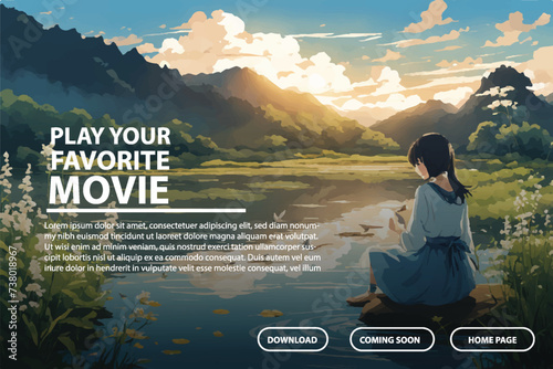 landing page design with an anime illustration theme. vector anime background with headline, contact and home. for web, apps, or advertisements providing anime films, music and cartoon comics