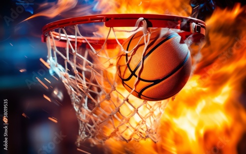 Basketball ball flying through net with fire effect. Sport concept.