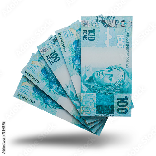 3D rendering of Stacks of Brazilian Money 100 Reais Banknotes photo