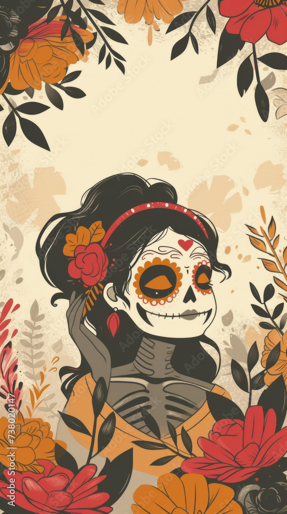 Obraz premium A woman with a sugar skull make up in a floral frame