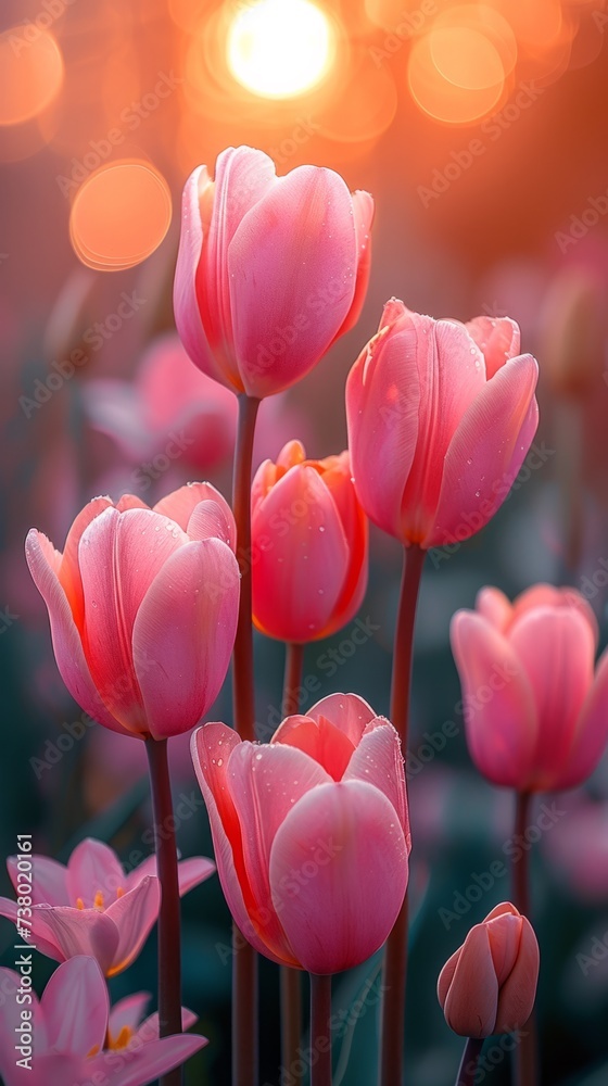 A field of pink tulips with the sun setting in the background