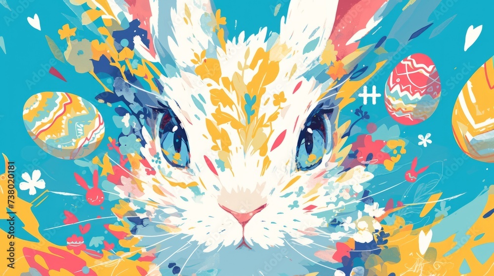 A painting of a white rabbit surrounded by easter eggs