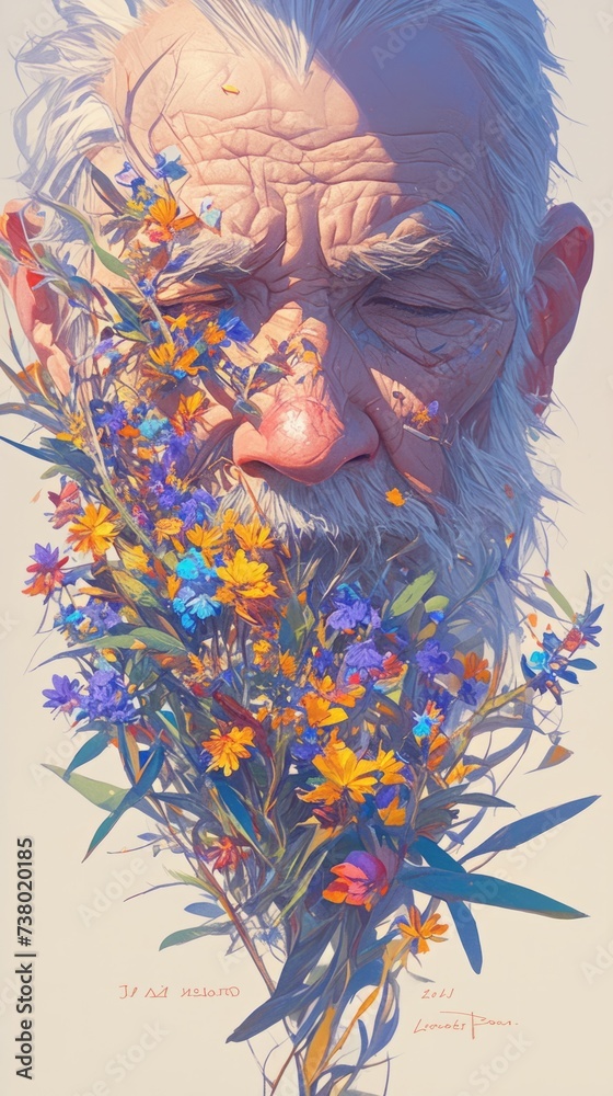 A painting of an old man with flowers in his mouth A painting of an old man with flowers in his mouth