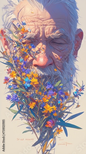 A painting of an old man with flowers in his mouth