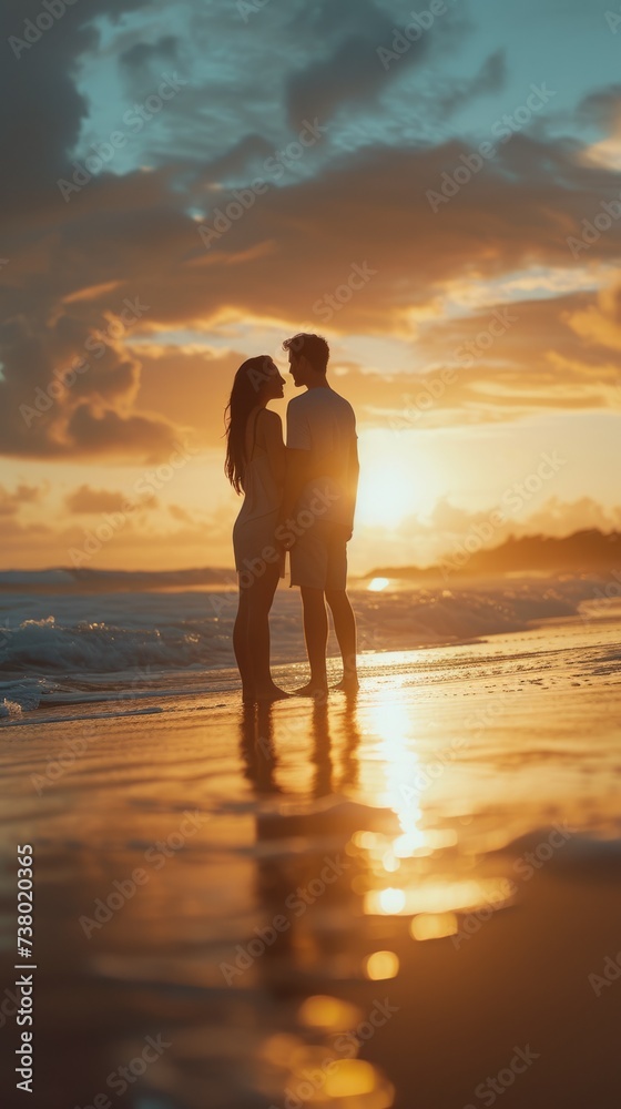 A couple standing on a beach at sunset