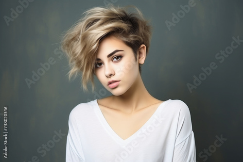 Young woman with asymmetrical short hair styling. bold style photo