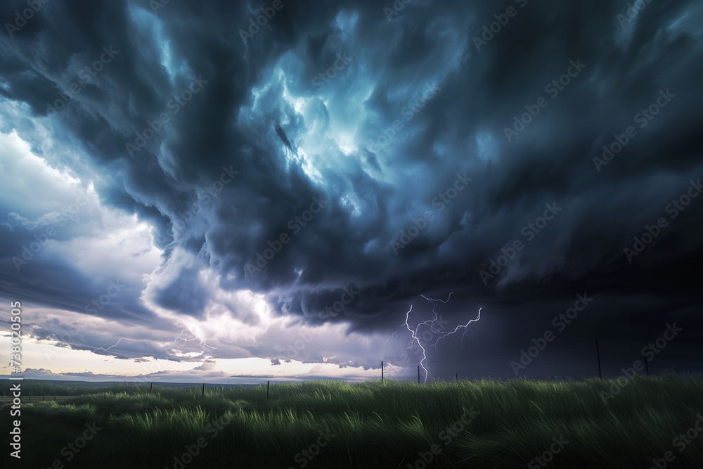 Swirling storm clouds with lightning over industrial skyline at sunset, ideal for environmental impact studies and educational materials. - obrazy, fototapety, plakaty 