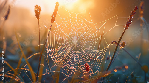 A spiderweb adorned with morning dew in a sunlit glade