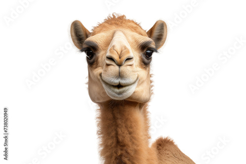 Close Up of a Camel. A detailed view of a camels face with a neutral expression against a plain Transparent backdrop. © SIBGHA