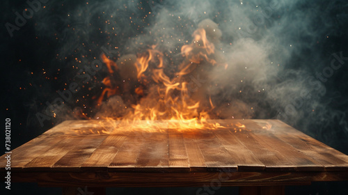 A wooden table with flames blazing at its edge photo