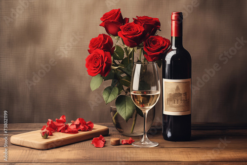 Red wine, roses and glass wine on wooden table