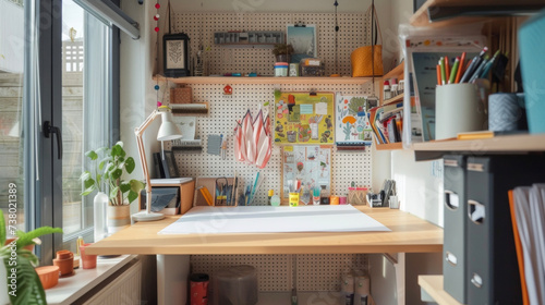 A dedicated craft nook in a small apartment featuring a folddown desk pegboard storage and a hanging fabric organizer for all ones DIY needs. photo