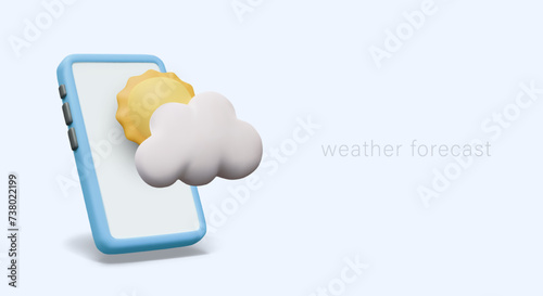 Advertising of weather forecast phone application. 3D smartphone with weather symbol on screen