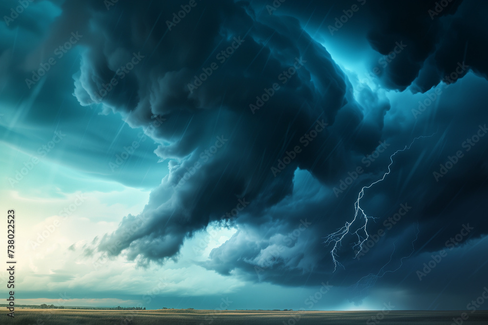 Majestic evening thunderstorm over mountain landscape with vivid lightning, suitable for nature-themed wallpapers or weather forecasting websites. - obrazy, fototapety, plakaty 