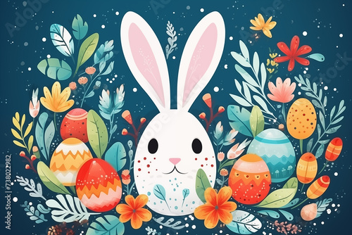 Lettering Happy Easter on abstract grunge background. Easter banner with rabbits, ears, holiday eggs and plants. Illustration with bunny can be used for holiday design, banners, greeting cards
