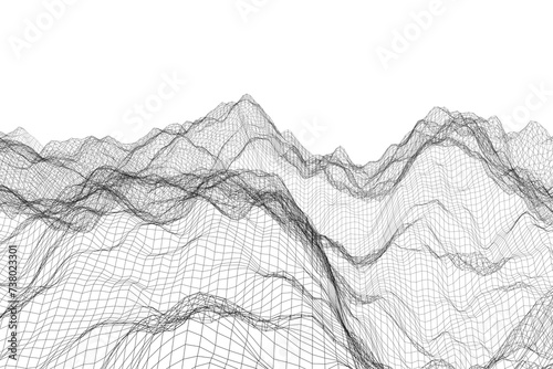 Digital landscape of abstract wireframe waves, creating a sense of energy and futuristic technology with a white net mesh backdrop (ID: 738023301)