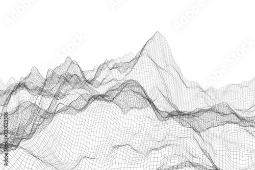 Abstract wire mesh waves in a 3D design on a white background, resembling a futuristic technological terrain (ID: 738023306)