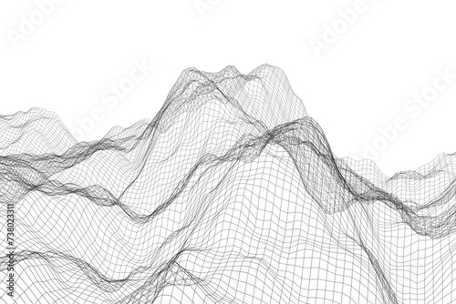 Abstract wireframe mountain peaks with 3D grid waves on a white background photo