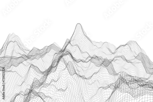3D render of minimalist wireframe mountain ranges, with detailed mesh and grid lines, evoking a futuristic abstract landscape on a white background (ID: 738023326)