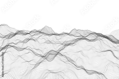 Abstract 3D wireframe mesh waves on white background showcasing technological elegance (ID: 738023333)