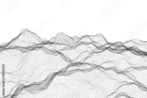 Abstract 3D wireframe landscape with a mesh of dynamic waves, illustrating futuristic technology on a minimalist white background (ID: 738023334)