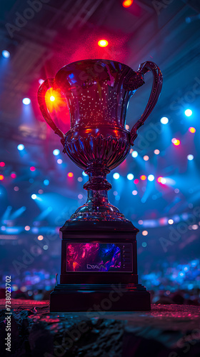 esports winner trophy standing on the stage in the middle of the arena video game championship
