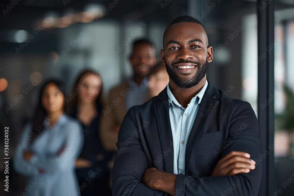 Handsome and confident African American businessman consultant smiling with diversity team in modern office background