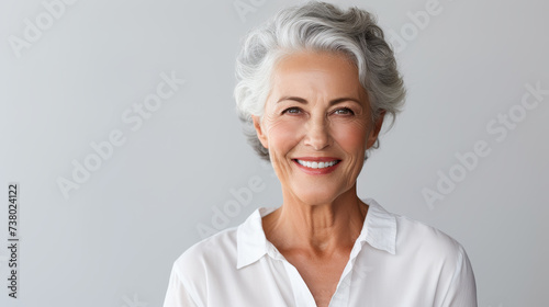 Joyful Elderly Woman with White Hair and a Bright Smile