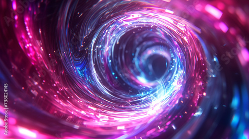 A swirling vortex of neon ribbons suspended in a dark void