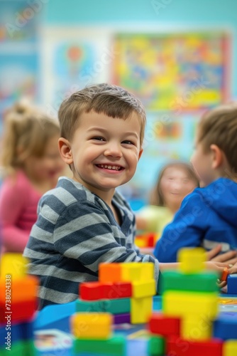 a happy child playing in preschool