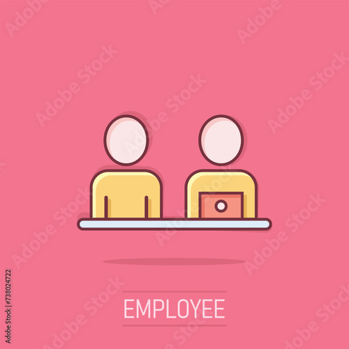 People with laptop computer icon in comic style. Pc user cartoon vector illustration on isolated background. Office manager splash effect business concept.